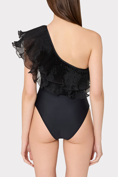 Pleated Organza One Shoulder One Piece in Black | MILLY
