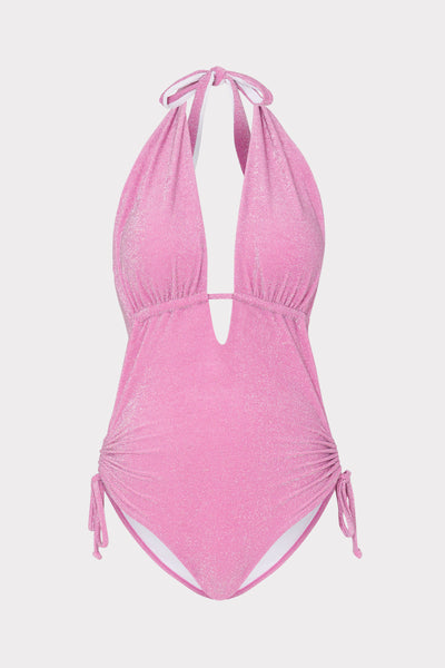 One-shoulder one-piece swimming costume in chevron viscose PINK