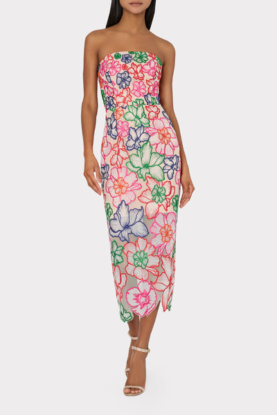 Cascading Floral Strapless Embroidered Midi Dress in Multi | MILLY