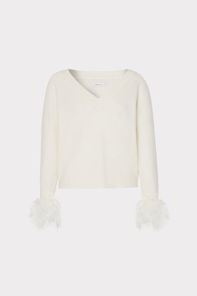 Feather Cuff V-neck Sweater in Milly Pink