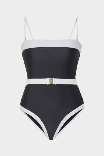 Women's Strapless Belted Black and White One-Piece Swimsuit