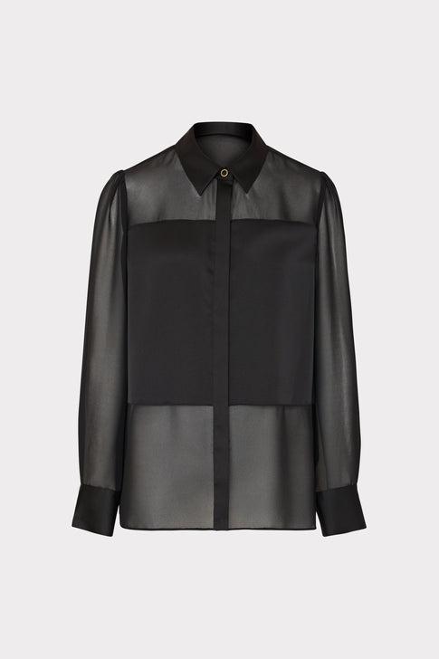 Andy Satin Combo Button Up Blouse Black Image 1 of 4