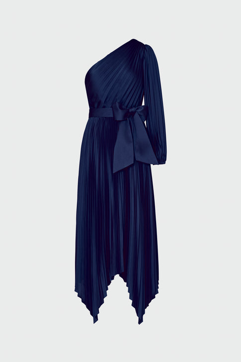 Essi Satin Pleated One Shoulder Dress Navy Image 1 of 4