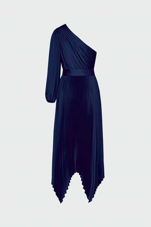 Essi Satin Pleated One Shoulder Dress Navy Image 4 of 4