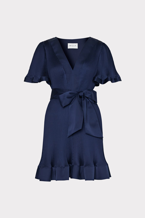 Ellie Satin Pleated Mini Dress Navy Image 1 of 4