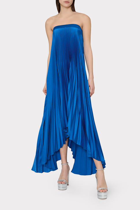 Jordyn Satin Pleated Strapless Dress Blue Image 2 of 5