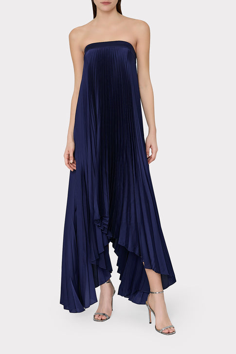 Jordyn Satin Pleated Strapless Dress Navy Image 2 of 4