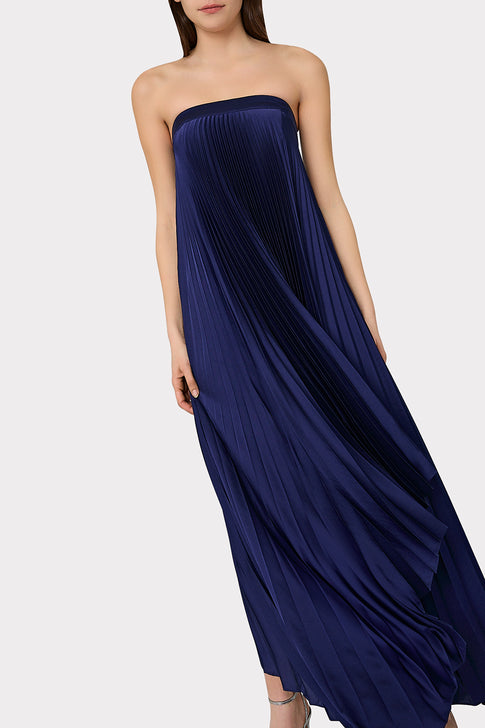 Jordyn Satin Pleated Strapless Dress Navy Image 3 of 4