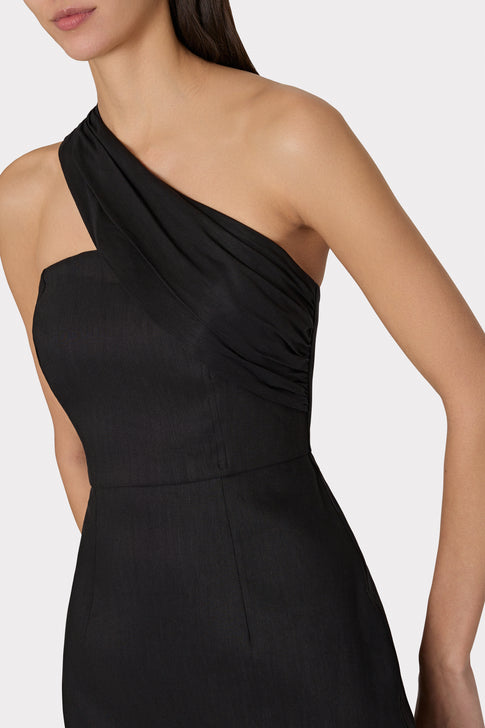 Draped One Shoulder Linen Dress Black Image 3 of 4