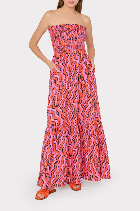 Viona Painted Chevron Cotton Voile Dress Coral Multi Image 2 of 5