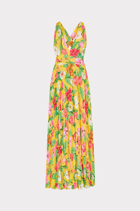 Oria Tulip Rosette Pleated Dress Yellow Multi Image 1 of 6