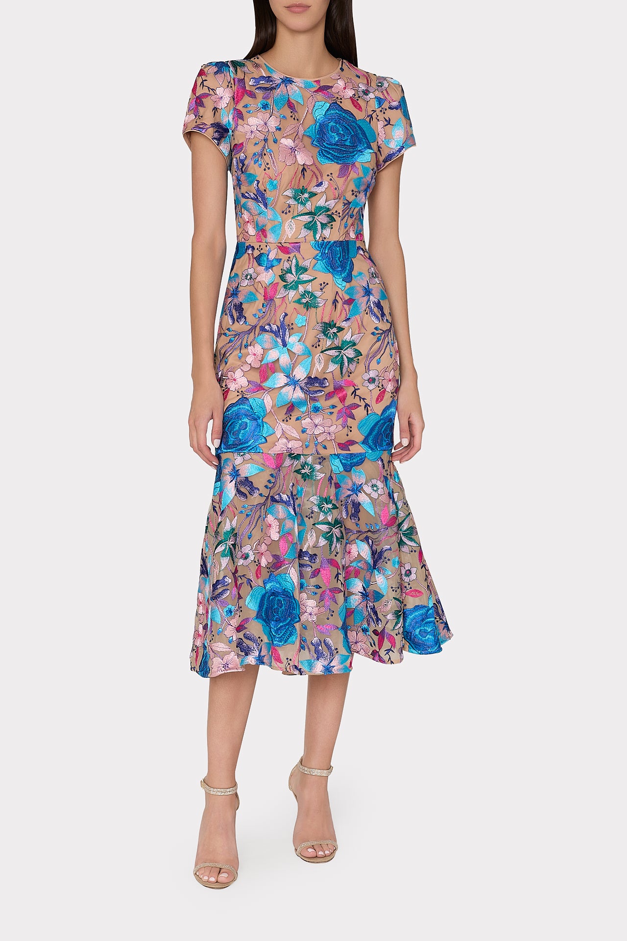 Tahlia Fall Floral Embroidered Dress in Blue Multi | MILLY