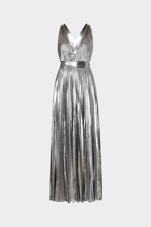 Oria Pleated Lamé Dress Silver Image 1 of 5