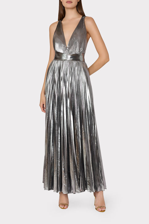 Oria Pleated Lamé Dress Silver Image 2 of 5