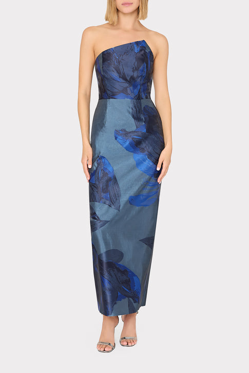 Asymmetrical Forest Jacquard Maxi Dress Navy Multi Image 2 of 4