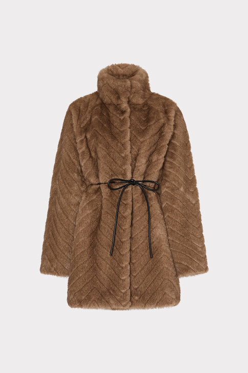 Amia Chevron Faux Fur Coat in Brown MILLY