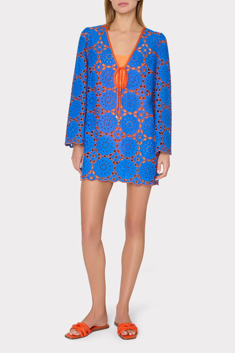 Viara Two Tone Geo Eyelet Cover-Up Dress Cobalt/Coral Image 2 of 5