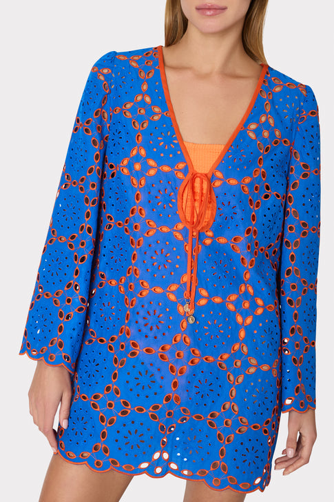 Viara Two Tone Geo Eyelet Cover-Up Dress Cobalt/Coral Image 3 of 5