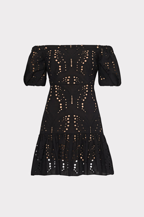 Butterfly Eyelet Off The Shoulder Dress Black Image 1 of 4