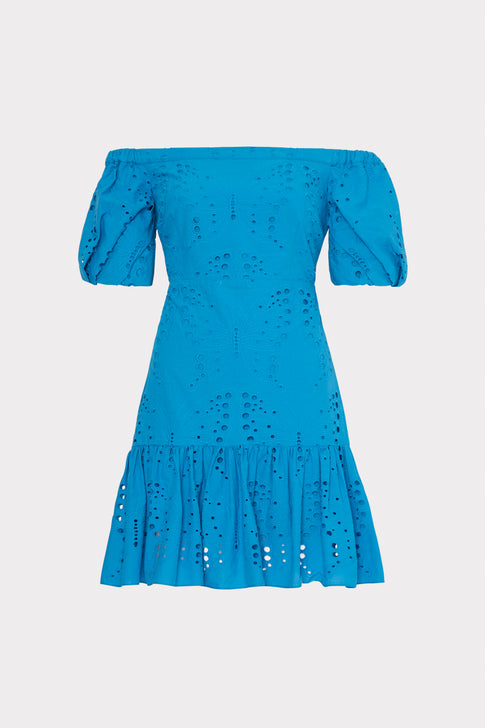 Butterfly Eyelet Off The Shoulder Mini Dress in Blue MILLY