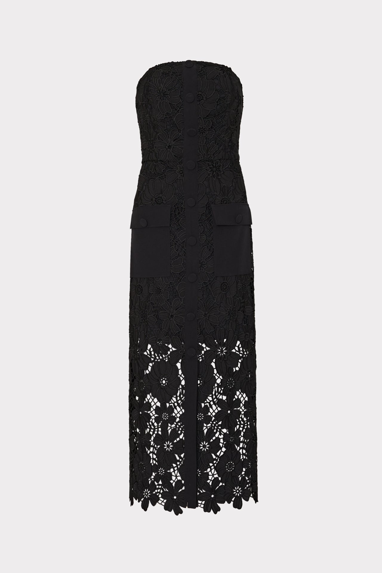 Adrienne Roja Lace Midi Dress in Black | MILLY