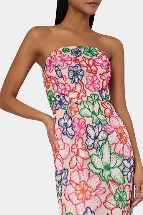 Cascading Floral Strapless Embroidered Midi Dress in Multi | MILLY