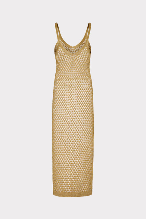 Metallic Mesh V Neck Midi Cover-Up Dress Gold Image 4 of 4