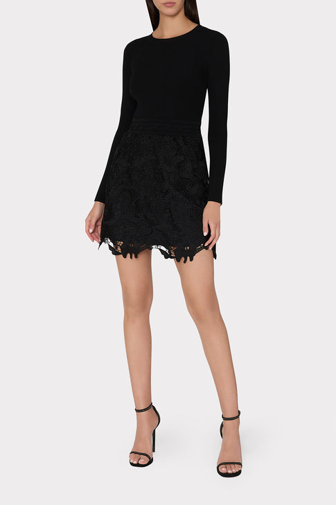 Katie Lace Combo Knit Mini Dress in Black MILLY