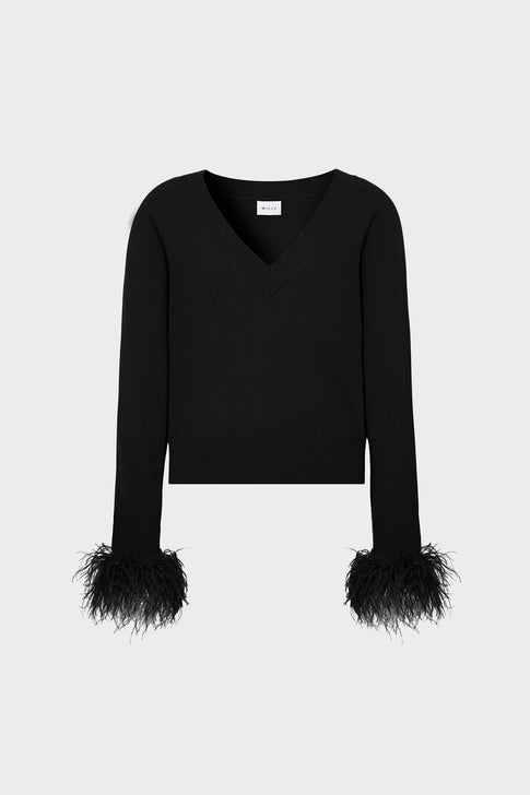 Feather Cuff V-Neck Sweater Black Image 1 of 4