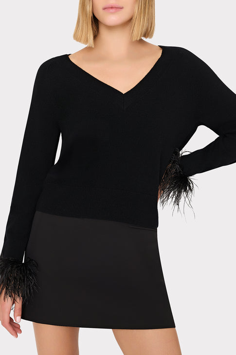 Feather Cuff V-Neck Sweater Black Image 3 of 4