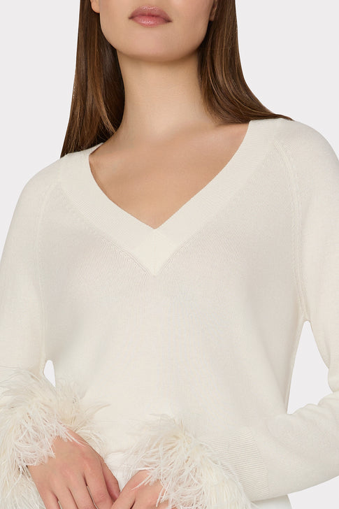 Feather Cuff V-Neck Sweater Ecru Image 3 of 4