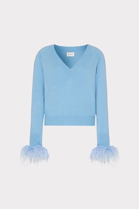 Feather Cuff V-Neck Sweater Ice Blue Image 1 of 4