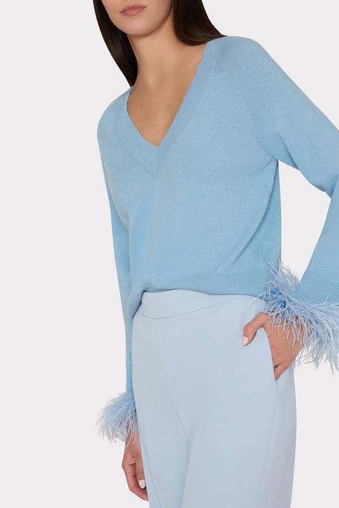 Feather Cuff V-Neck Sweater Ice Blue Image 3 of 4