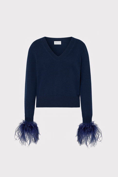 Feather Cuff V-Neck Sweater Navy Image 1 of 4