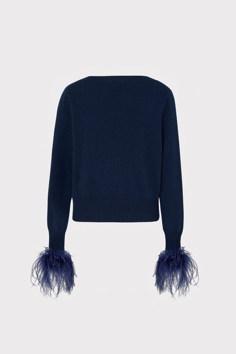 Feather Cuff V-Neck Sweater Navy Image 4 of 4