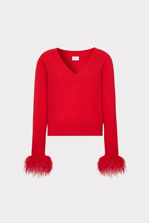 Feather Cuff V-Neck Sweater Red Image 1 of 4