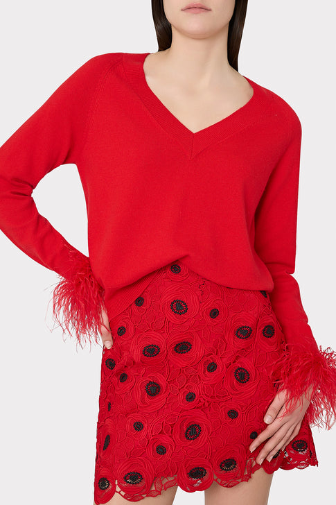 Feather Cuff V-Neck Sweater Red Image 3 of 4