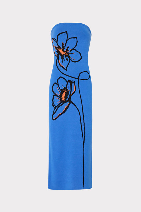 Floral Strapless Knit Midi Dress Blue Multi Image 1 of 4