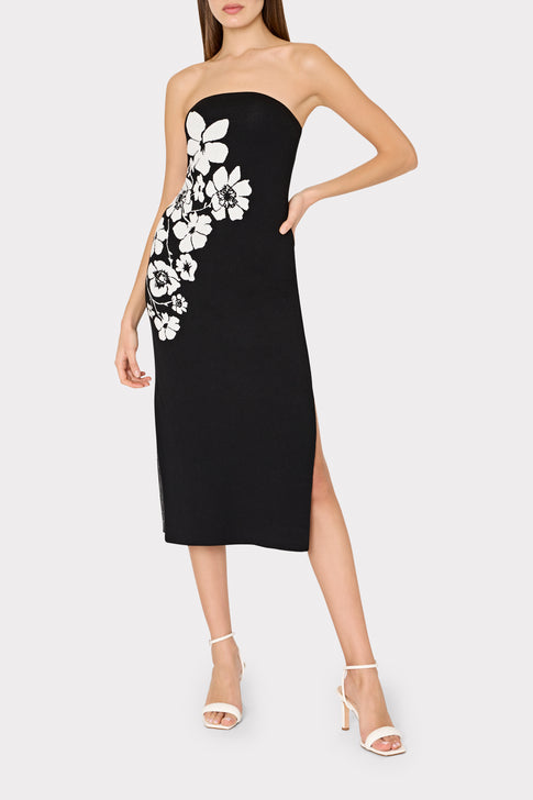 Placed Floral Strapless Knit Midi Dress Black/Ecru Image 2 of 5