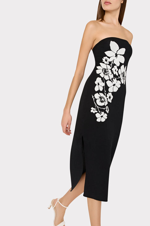 Placed Floral Strapless Knit Midi Dress Black/Ecru Image 3 of 5