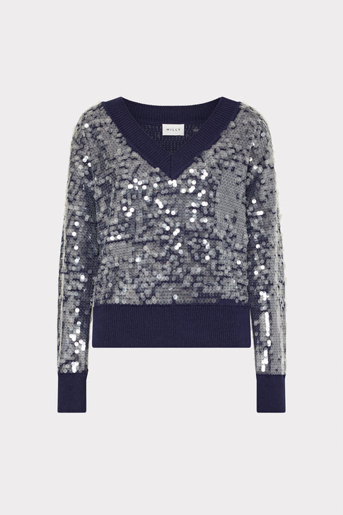 Ilaria Sequin V-Neck Sweater Navy Image 1 of 4