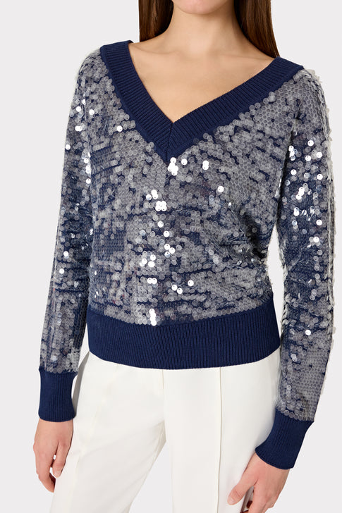 Ilaria Sequin V-Neck Sweater Navy Image 3 of 4