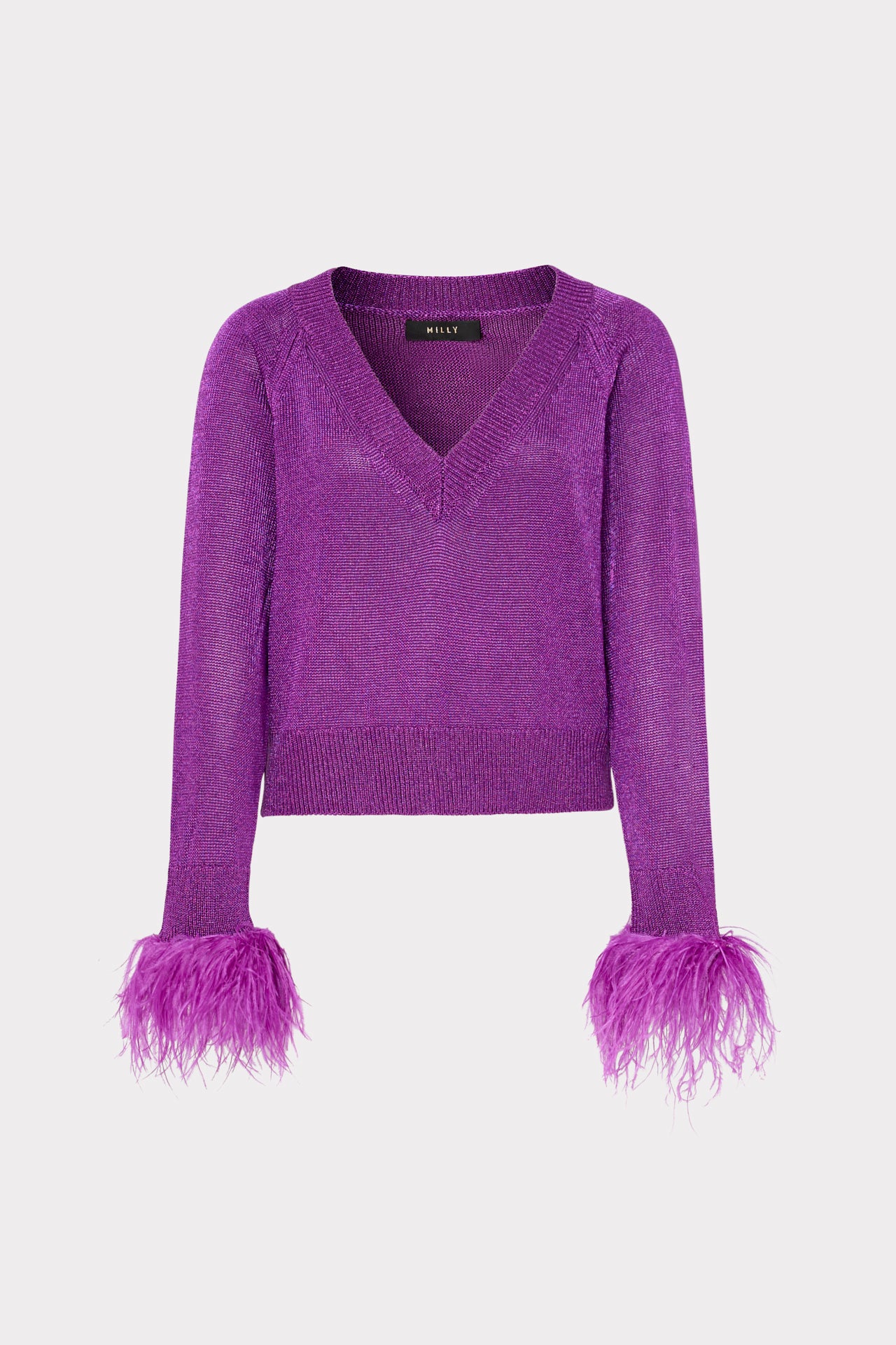 Metallic Feather Cuff V-Neck Sweater in Purple | MILLY