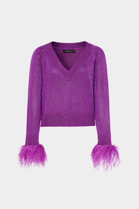 Milly Miy Feather Cuff V-Neck Sweater
