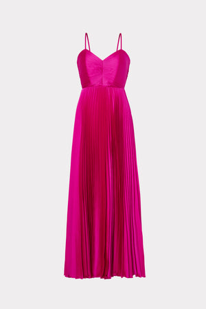Hallie Satin Pleated Maxi Dress in Fuchsia Pink | MILLY