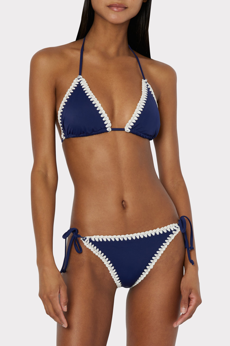 WMNS Bikini Set - Wide V Cut Top / Ruffle Trimmed Bottom / Blue