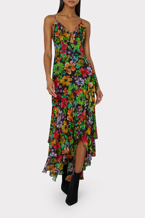 Edra Wildflower Garden Print Dress in Black Multi | MILLY