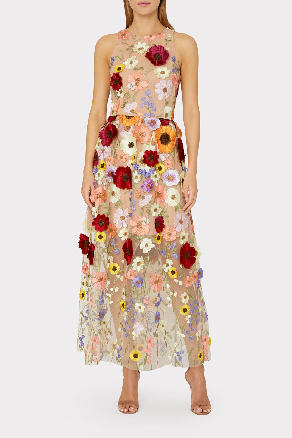 Wijzigingen van herinneringen toren Hannah 3D Floral Embroidered Sheer Maxi Dress in Multi | MILLY