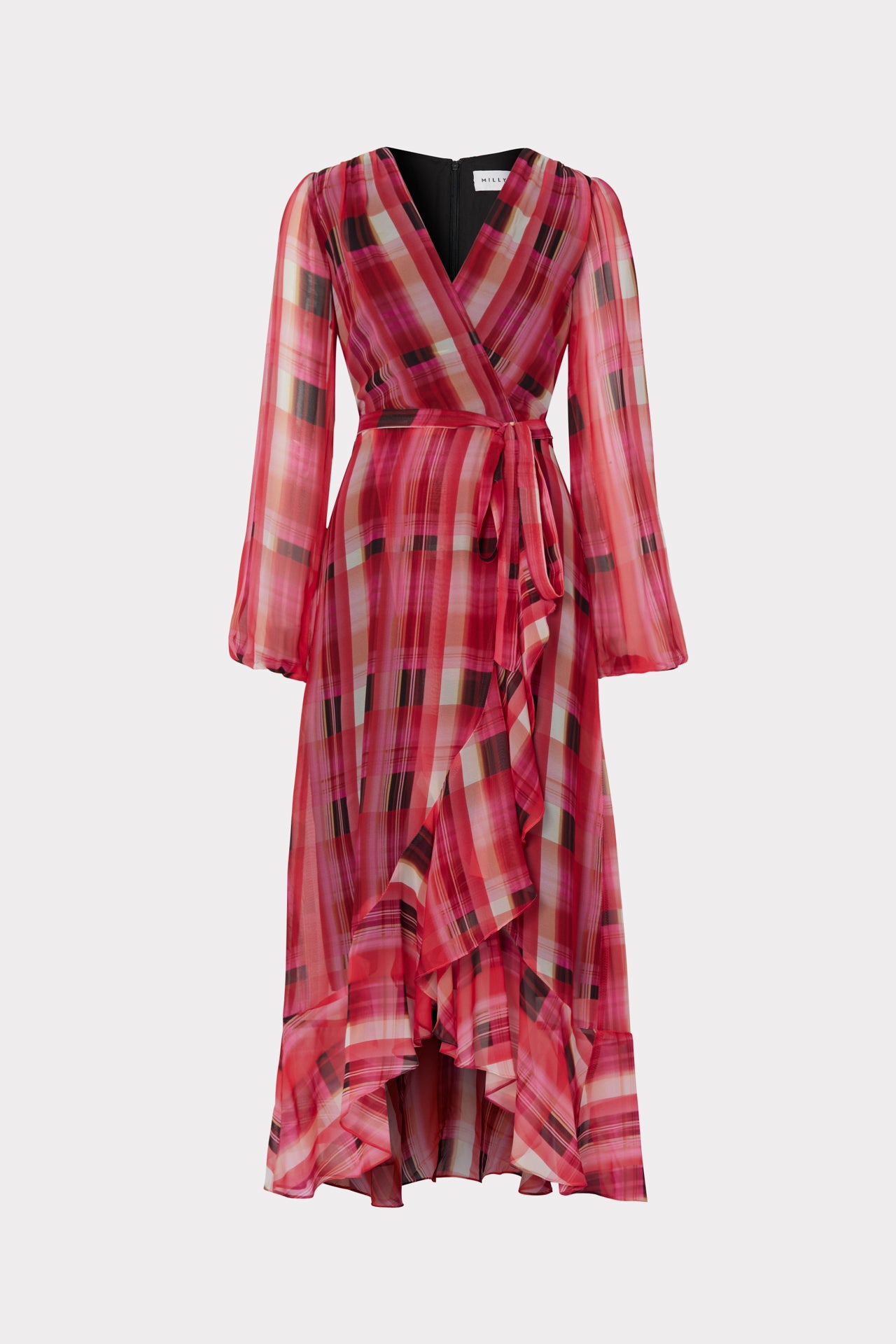Halley Prep Plaid Sheer Midi Dress in Red | MILLY