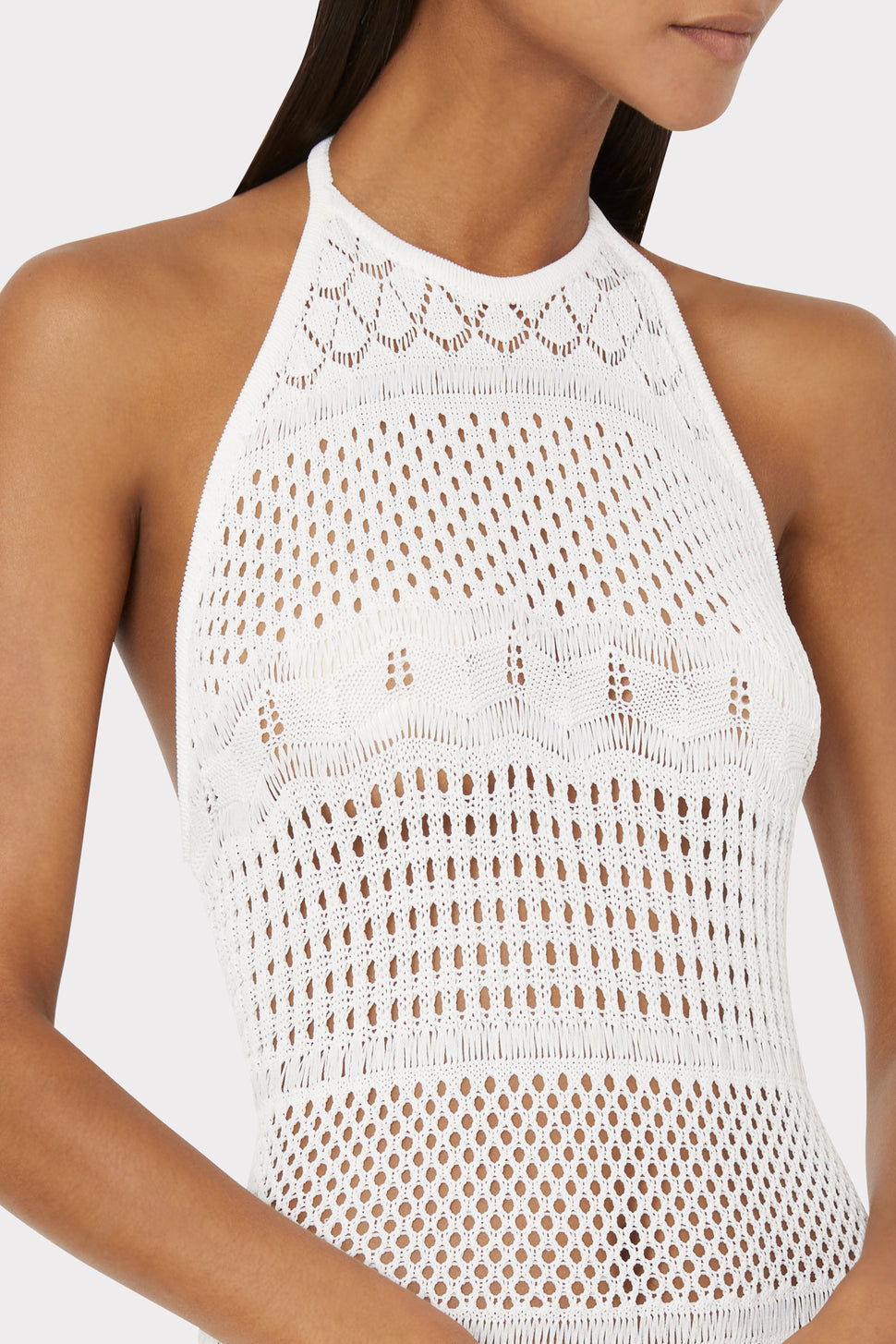 Fringe Halter Tie Back Sleeveless Swim Coverup Knit Midi Dress in White